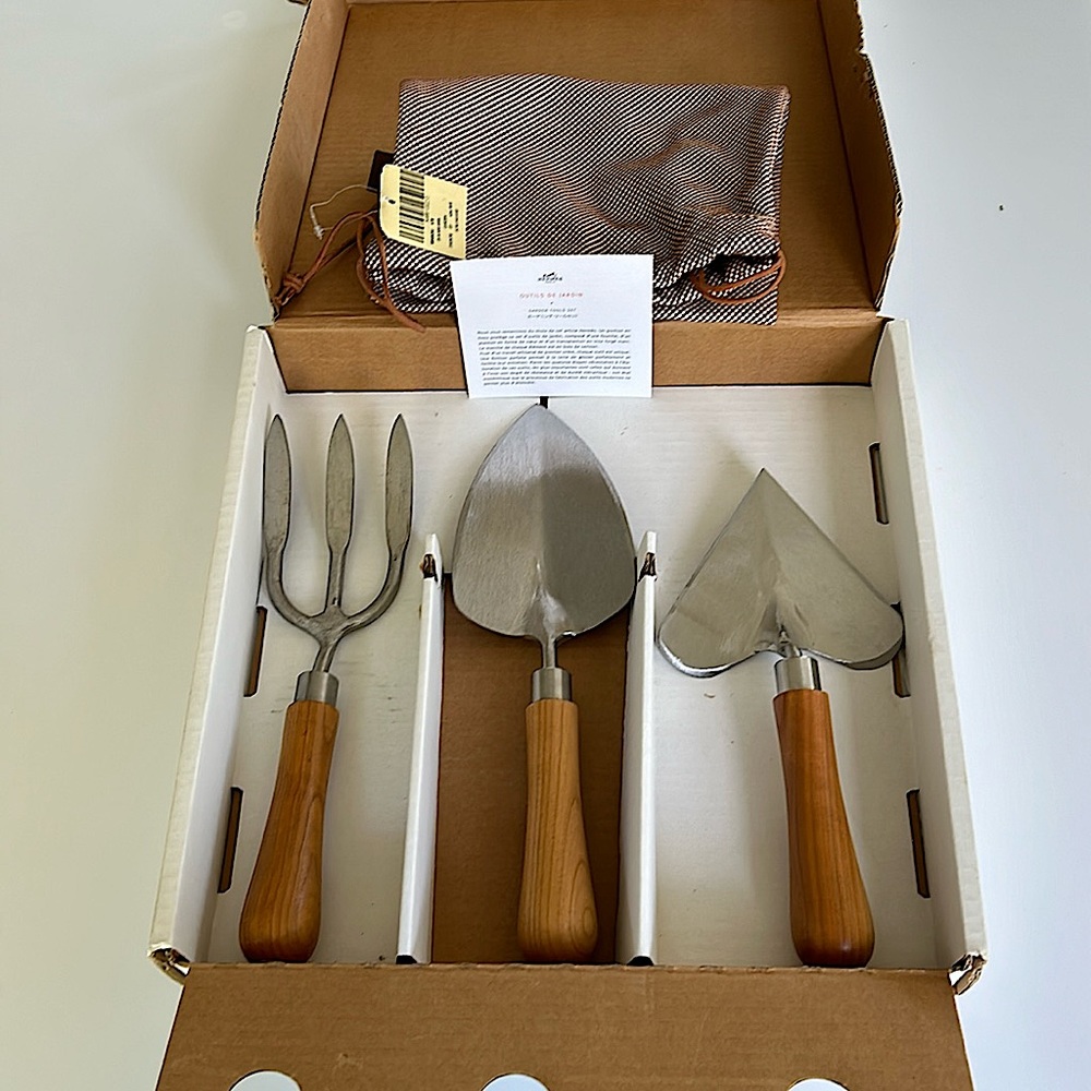 Authentic HERMES Stainless Steel and Wood Garden Tool Set.
